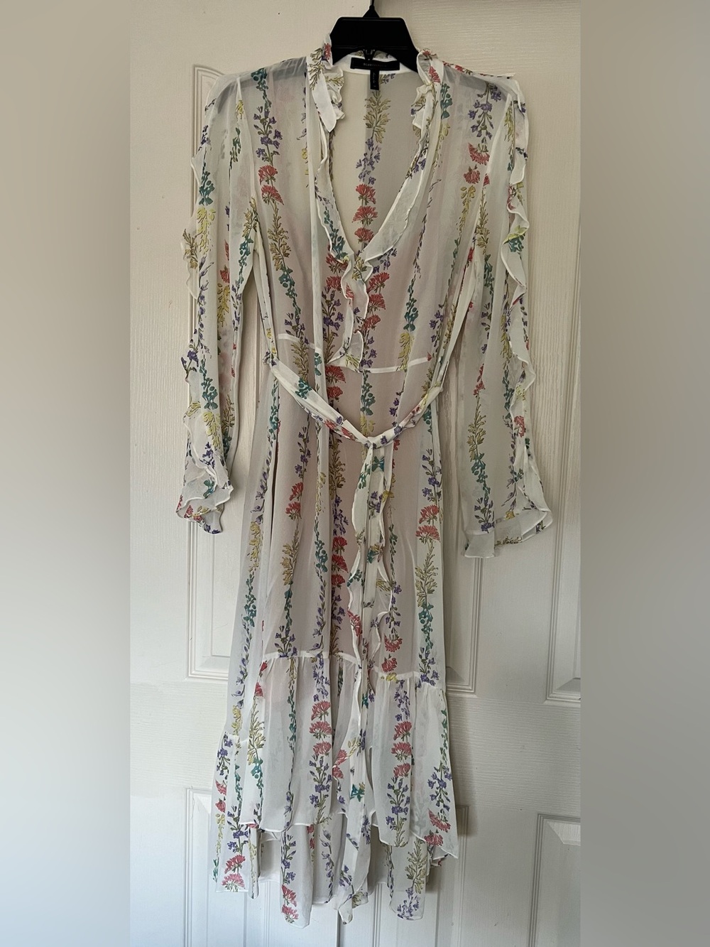 BCBGMaxAzria White Sheer Floral Ruffle Wrap Dress